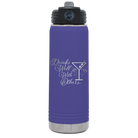 Laser etched purple 20 oz vacuum insulated water bottle with 'Drinks Well With Others 2' design