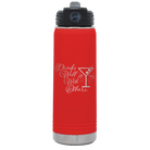 Laser etched red 20 oz vacuum insulated water bottle with 'Drinks Well With Others 2' design