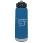 Laser etched royal blue 20 oz vacuum insulated water bottle with 'Drinks Well With Others 2' design