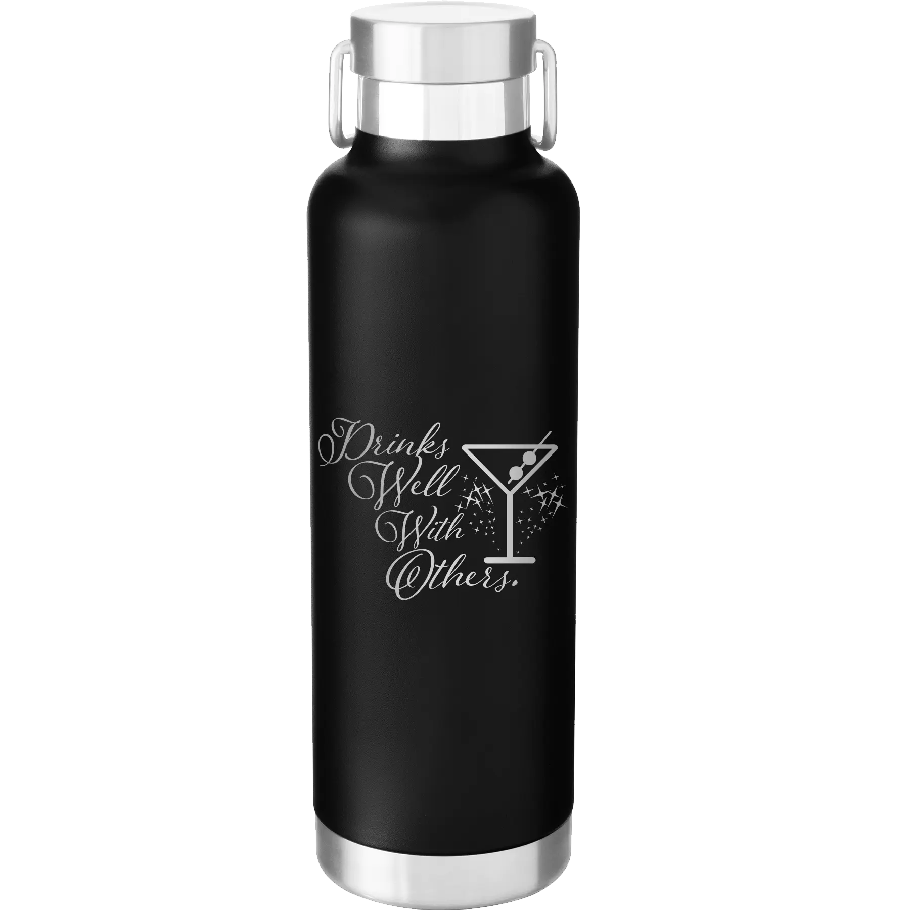 Laser etched black 24 oz vacuum insulated water bottle with 'Drinks Well With Others 2' design