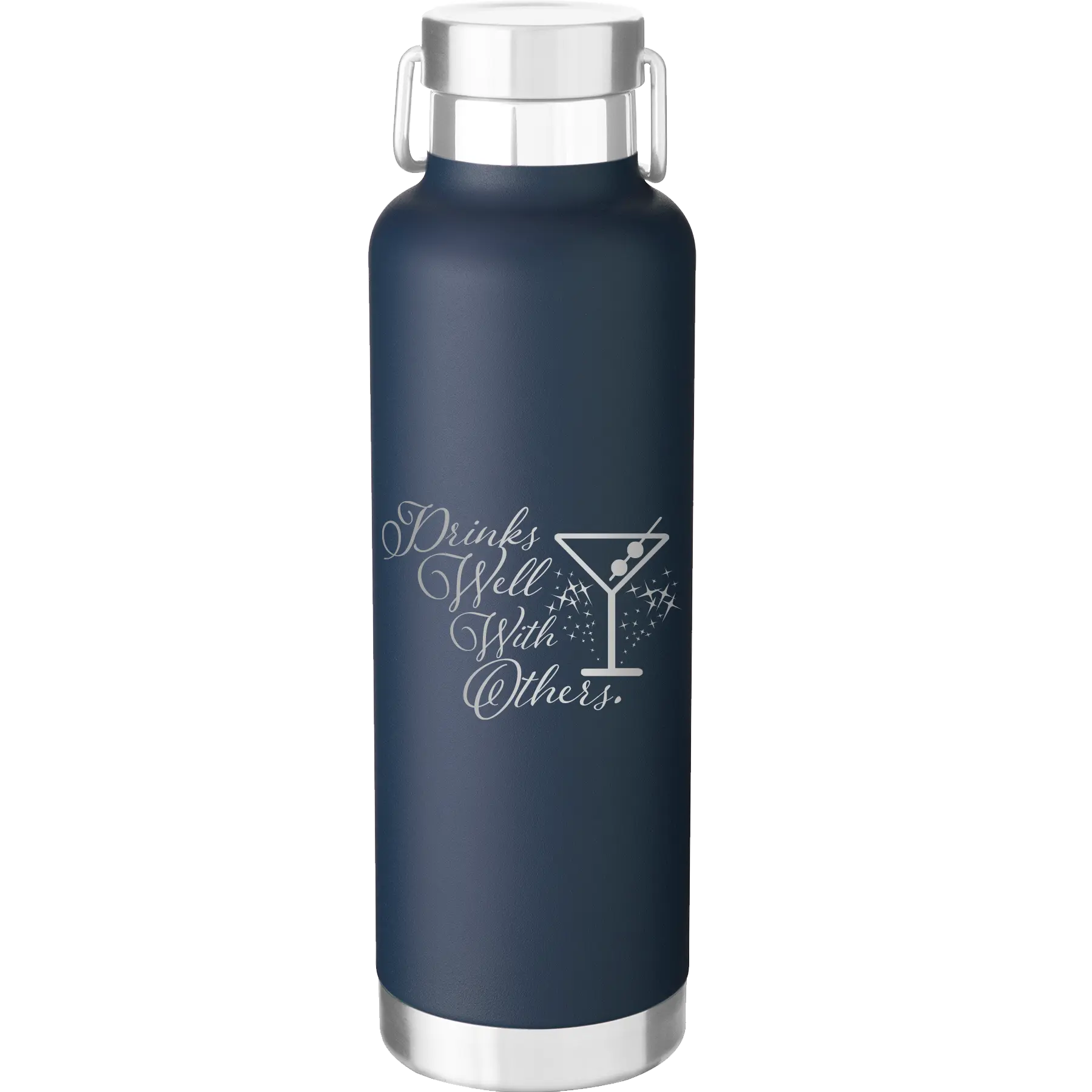 Laser etched navy 24 oz vacuum insulated water bottle with 'Drinks Well With Others 2' design