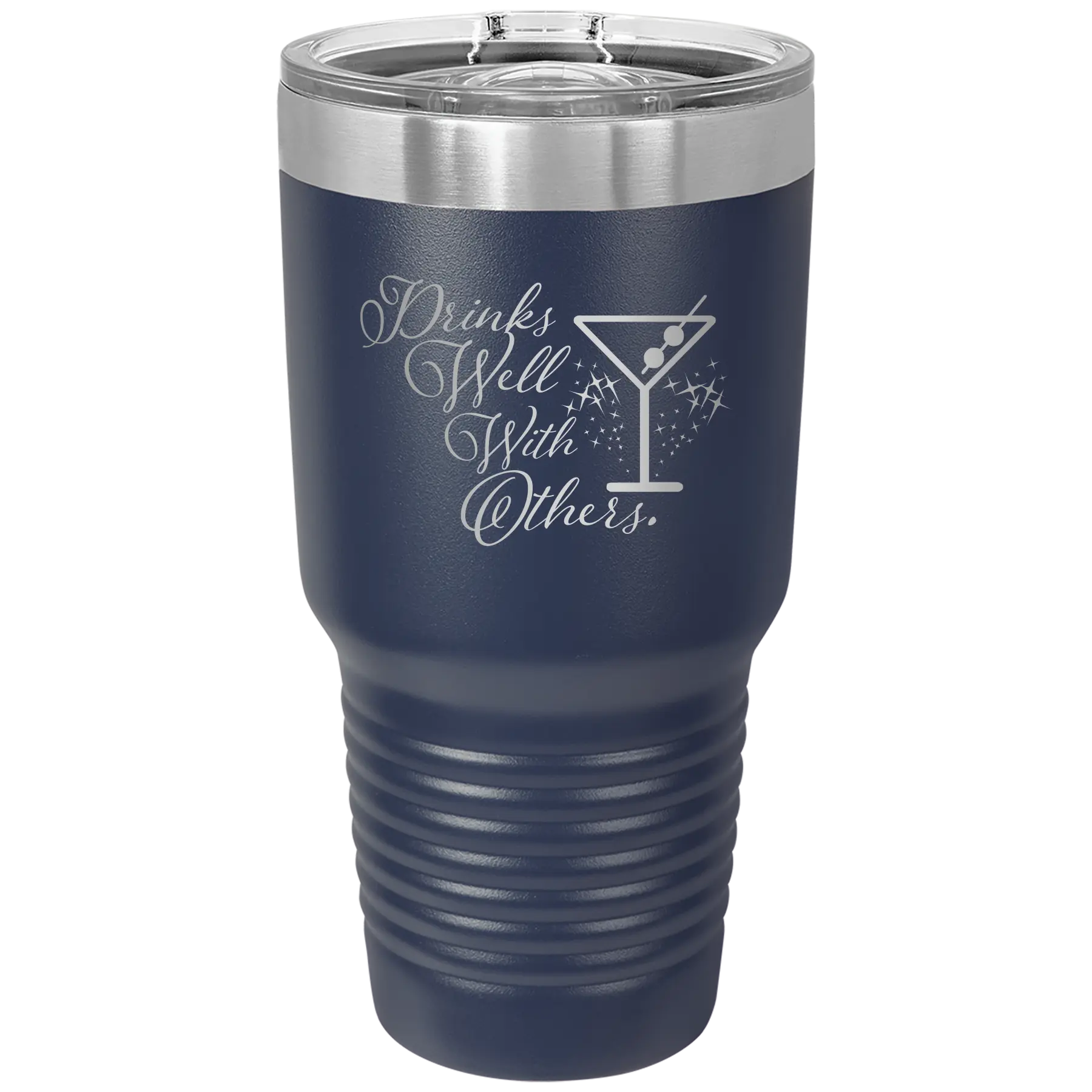 Laser etched navy 30 oz vacuum insulated tumbler with 'Drinks Well With Others 2' design