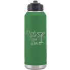 Laser etched green 32 oz vacuum insulated water bottle with 'Drinks Well With Others 2' design