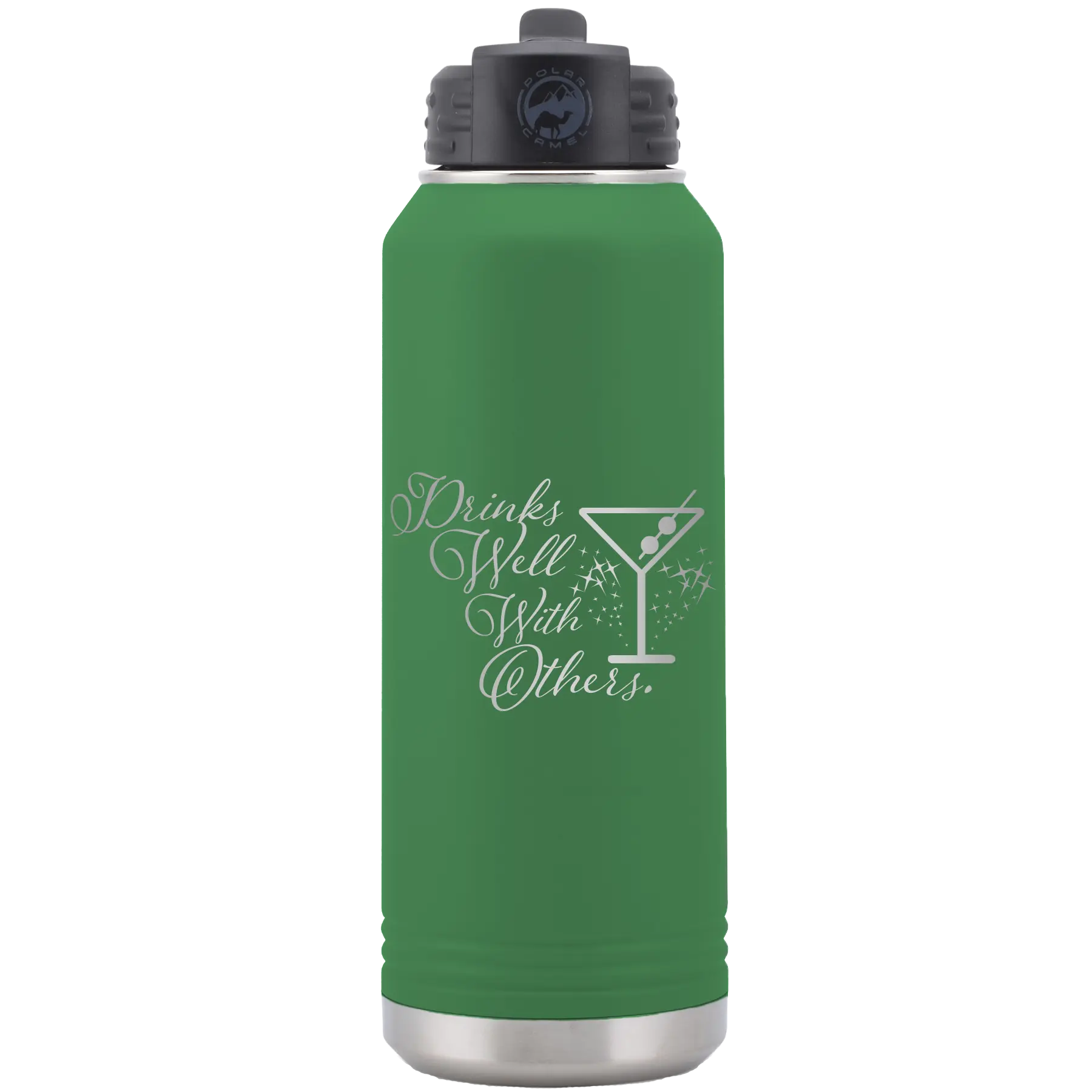 Laser etched green 32 oz vacuum insulated water bottle with 'Drinks Well With Others 2' design