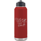 Laser etched maroon 32 oz vacuum insulated water bottle with 'Drinks Well With Others 2' design