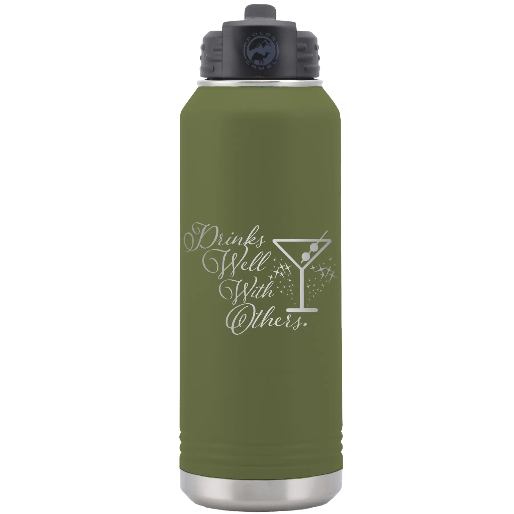 Laser etched olive green 32 oz vacuum insulated water bottle with 'Drinks Well With Others 2' design