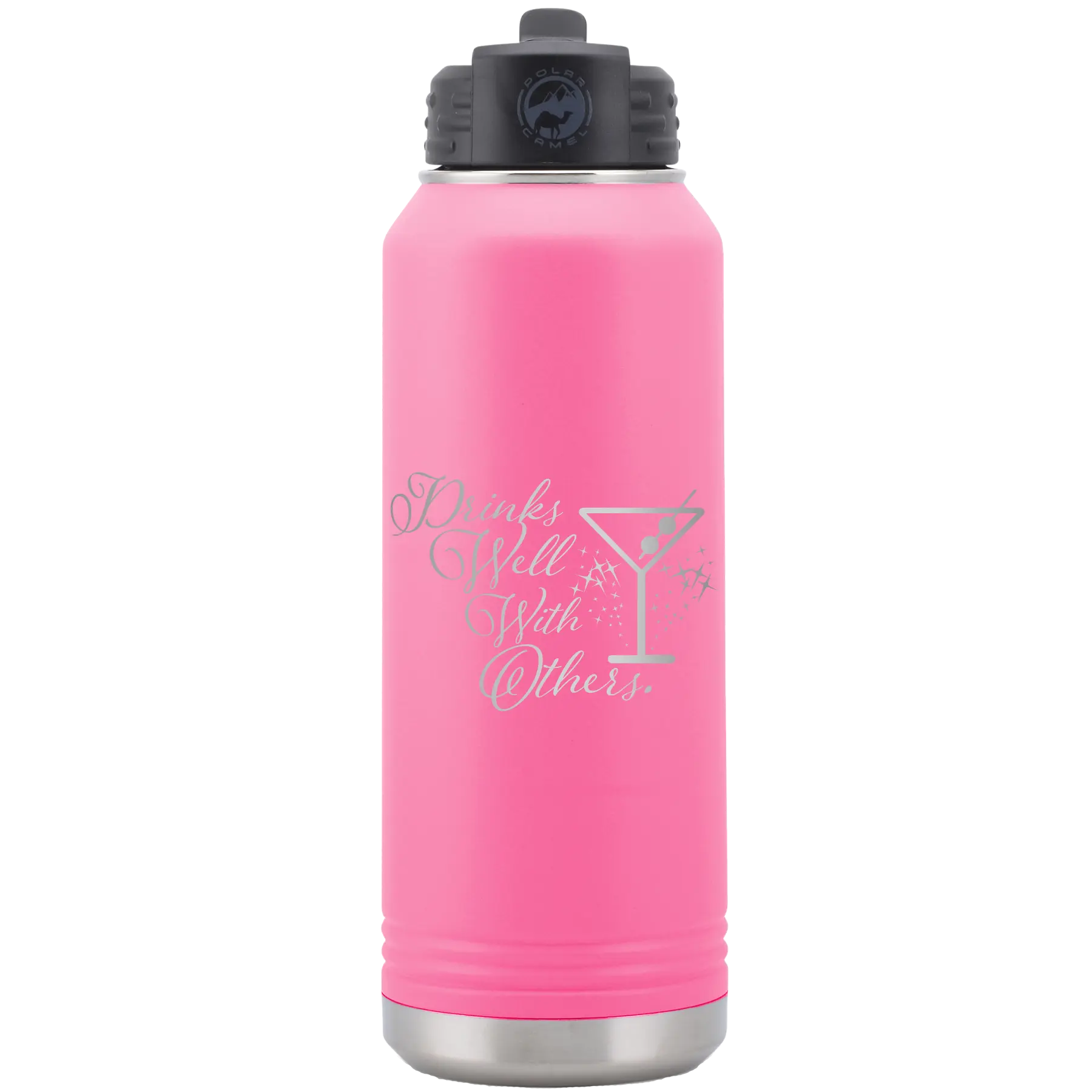 Laser etched pink 32 oz vacuum insulated water bottle with 'Drinks Well With Others 2' design