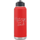 Laser etched red 32 oz vacuum insulated water bottle with 'Drinks Well With Others 2' design