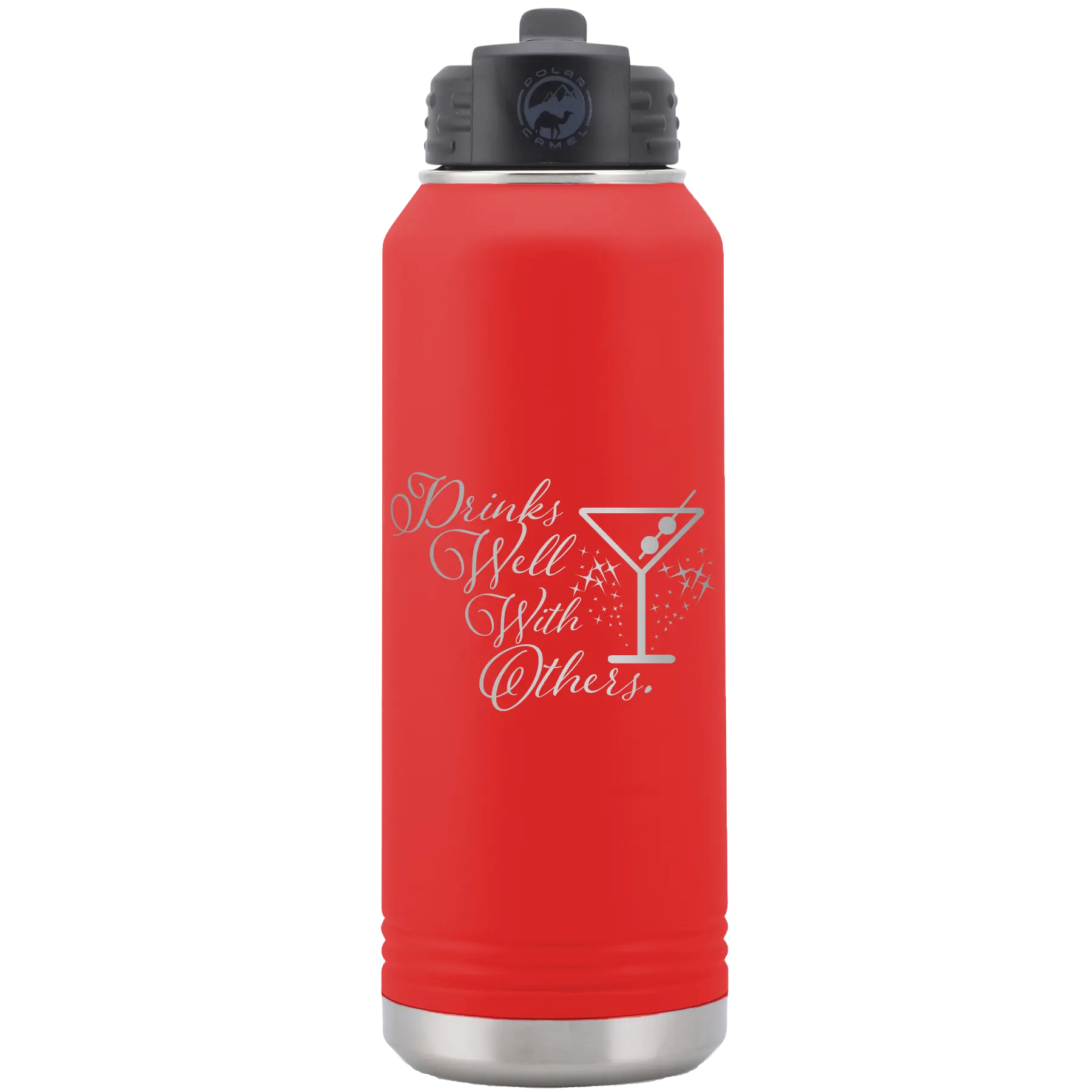 Laser etched red 32 oz vacuum insulated water bottle with 'Drinks Well With Others 2' design