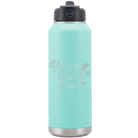 Laser etched teal 32 oz vacuum insulated water bottle with 'Drinks Well With Others 2' design