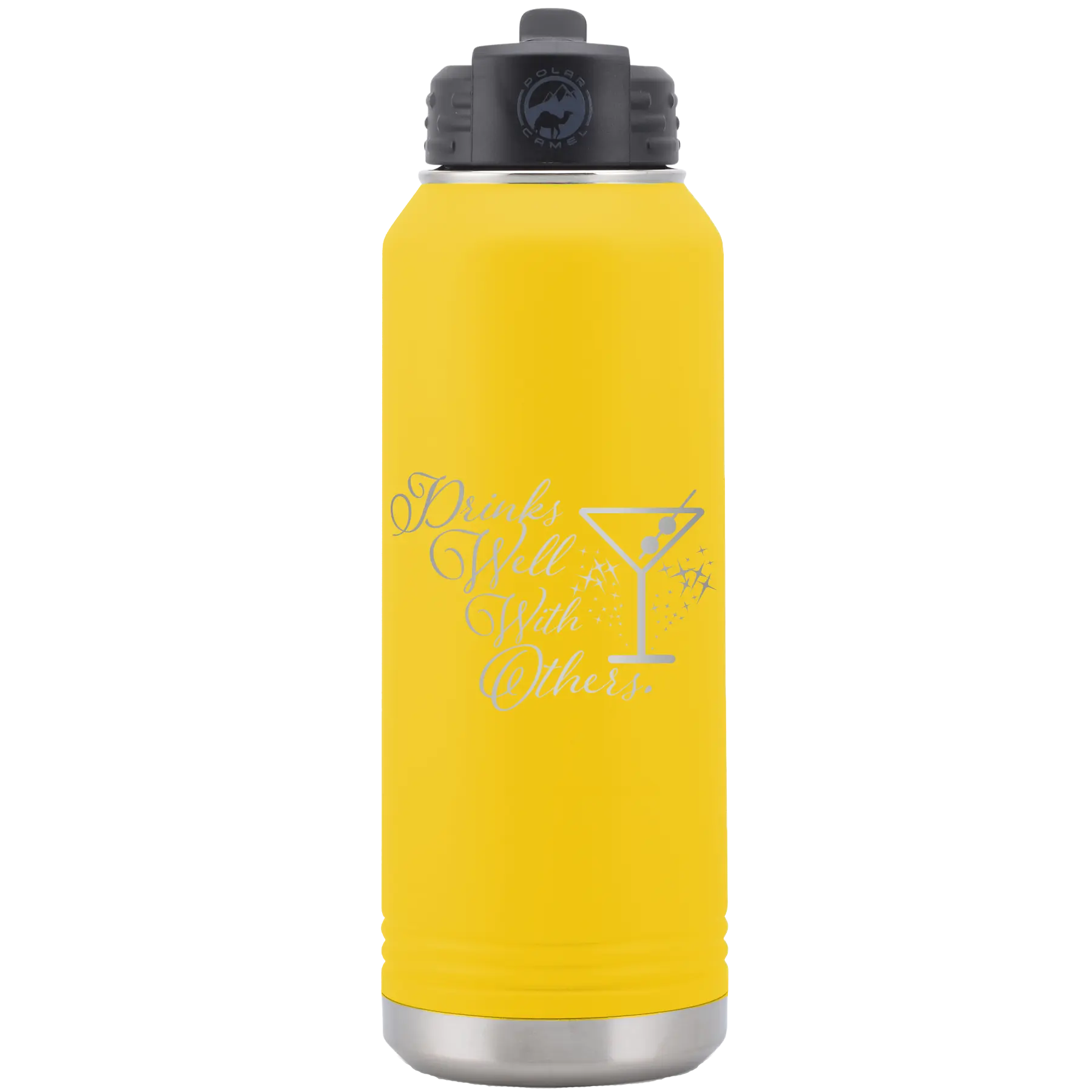 Laser etched yellow 32 oz vacuum insulated water bottle with 'Drinks Well With Others 2' design