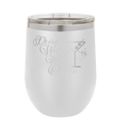 Laser etched white 12 oz vacuum insulated wine cup with 'Drinks Well With Others 2' design