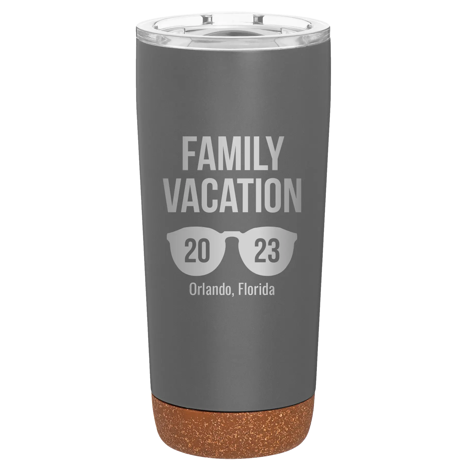Personalized storm gray 20 oz vacuum insulated tumbler with 'Family Vacation' design