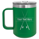Personalized green 15 oz vacuum insulated coffee mug with 'Fishing poles' design