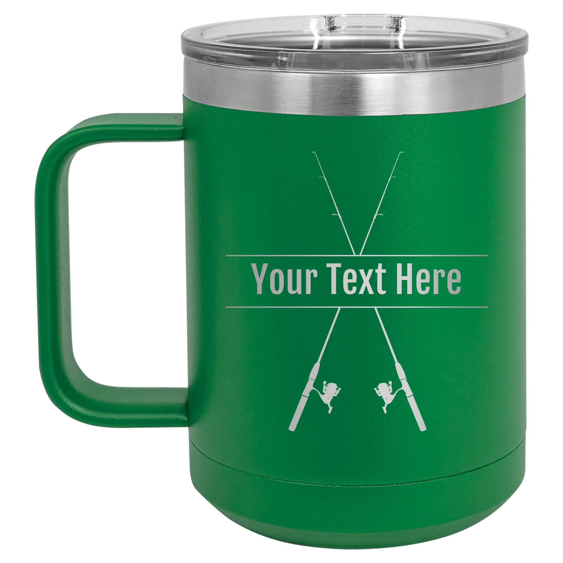 Personalized green 15 oz vacuum insulated coffee mug with 'Fishing poles' design