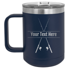 Personalized navy 15 oz vacuum insulated coffee mug with 'Fishing poles' design