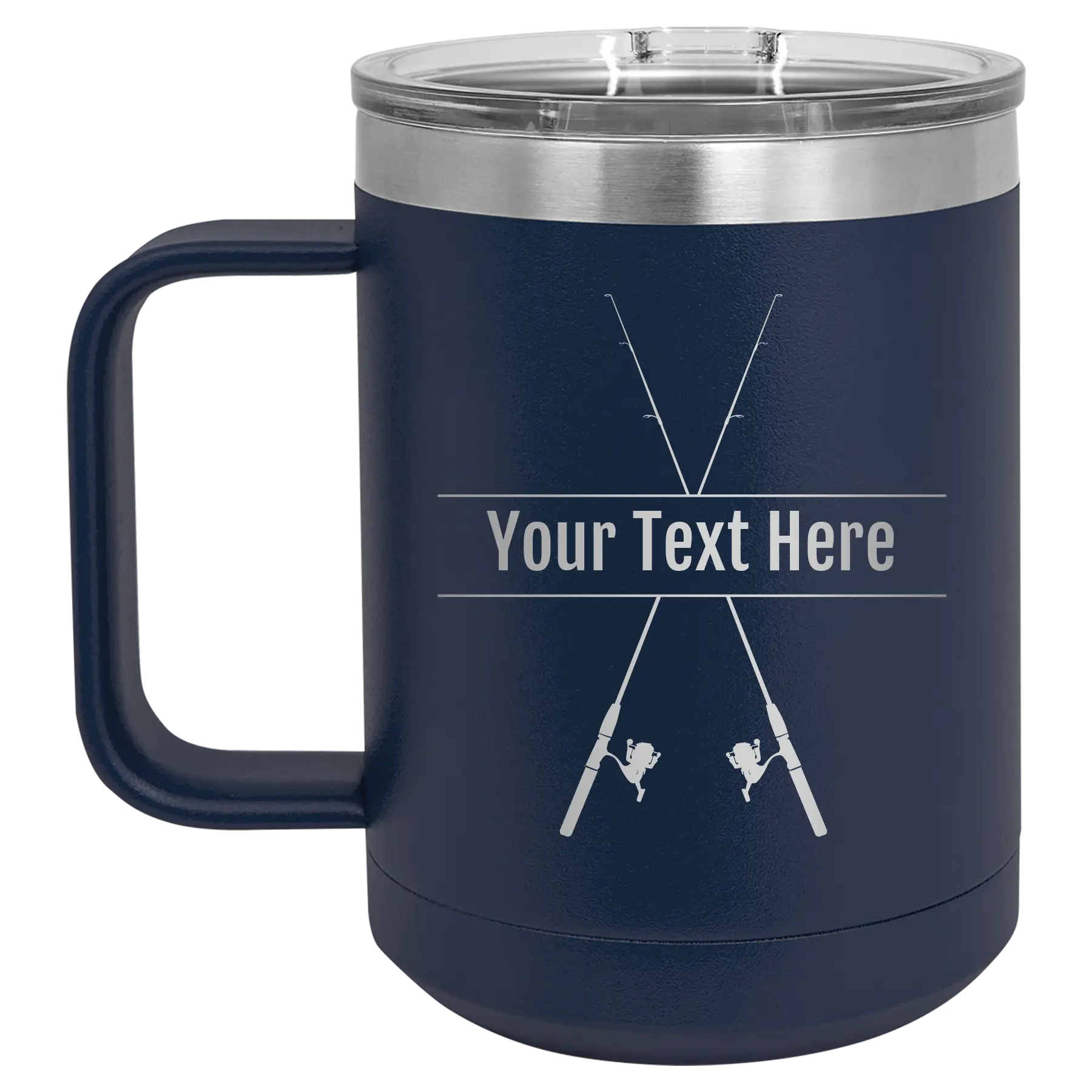 Personalized navy 15 oz vacuum insulated coffee mug with 'Fishing poles' design