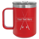 Personalized red 15 oz vacuum insulated coffee mug with 'Fishing poles' design