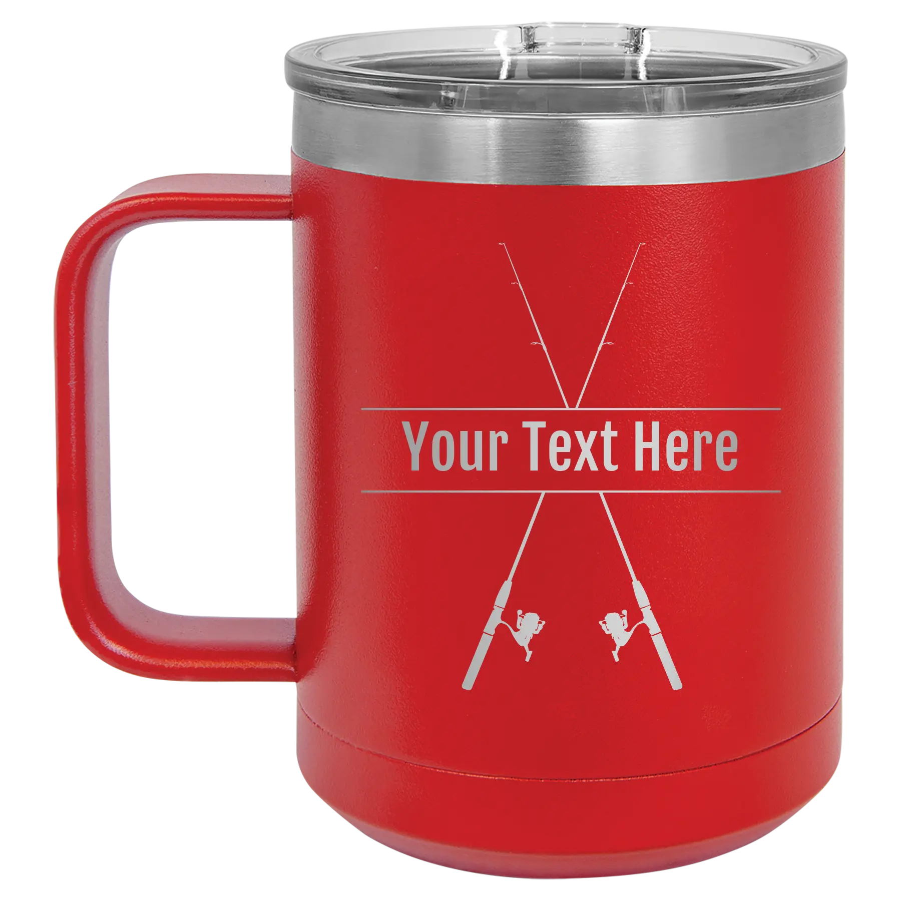 Personalized red 15 oz vacuum insulated coffee mug with 'Fishing poles' design