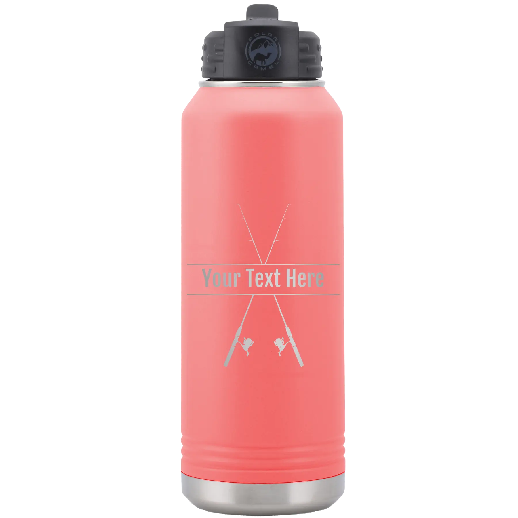 Personalized coral 32 oz vacuum insulated water bottle with 'Fishing poles' design
