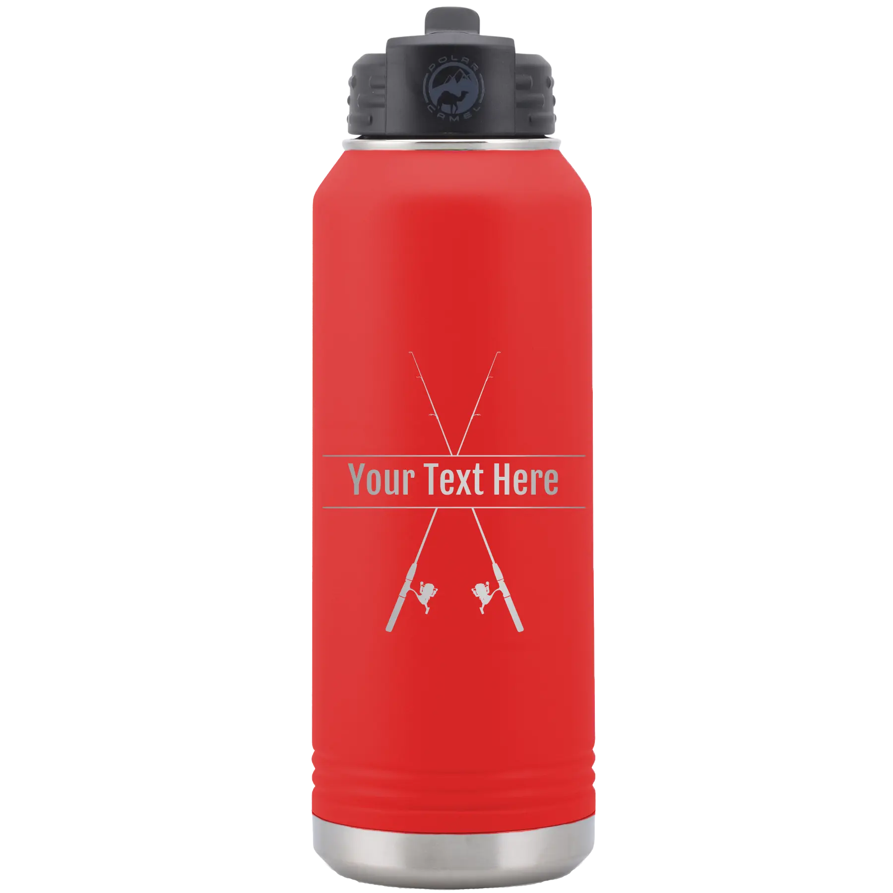 Personalized red 32 oz vacuum insulated water bottle with 'Fishing poles' design