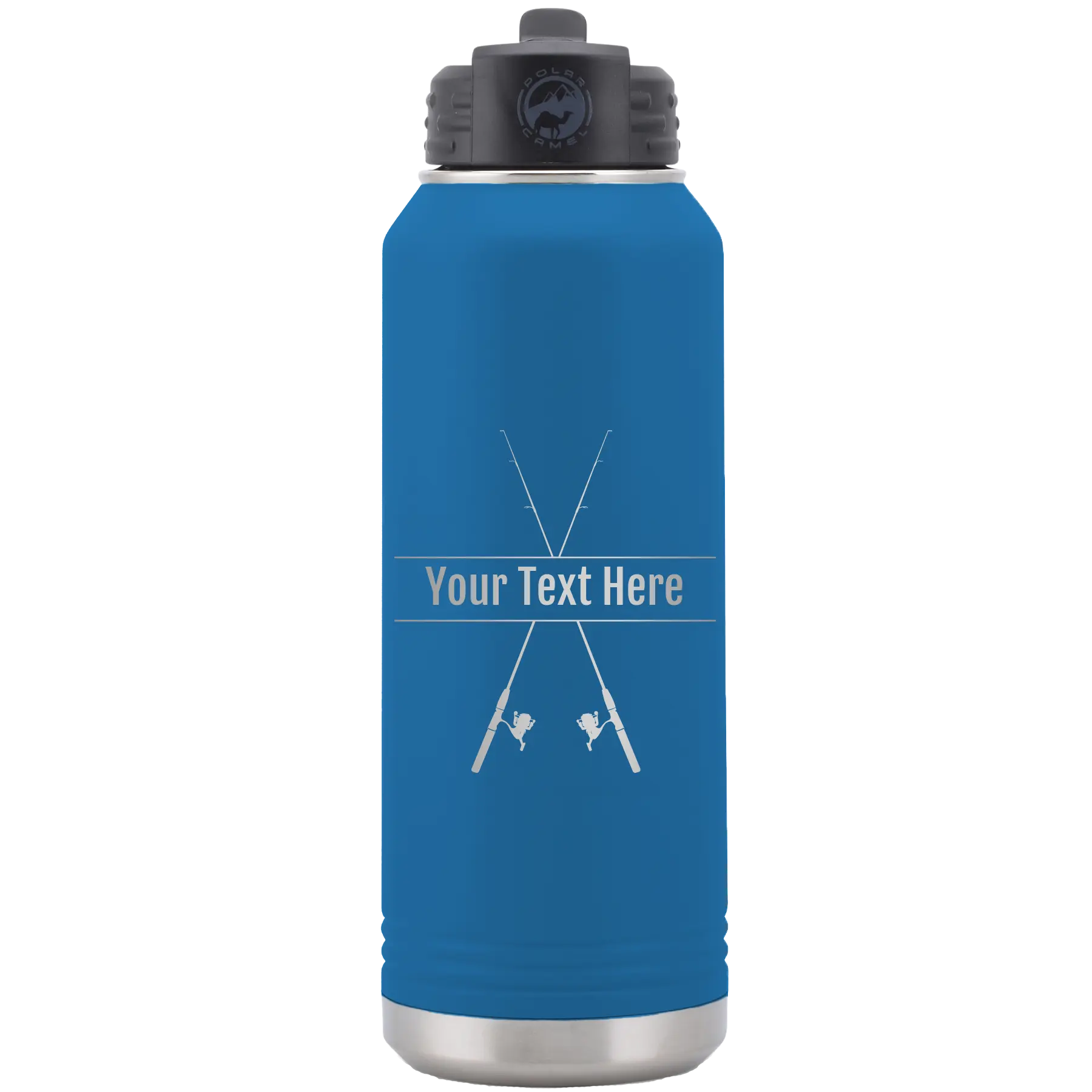 Personalized royal blue 32 oz vacuum insulated water bottle with 'Fishing poles' design