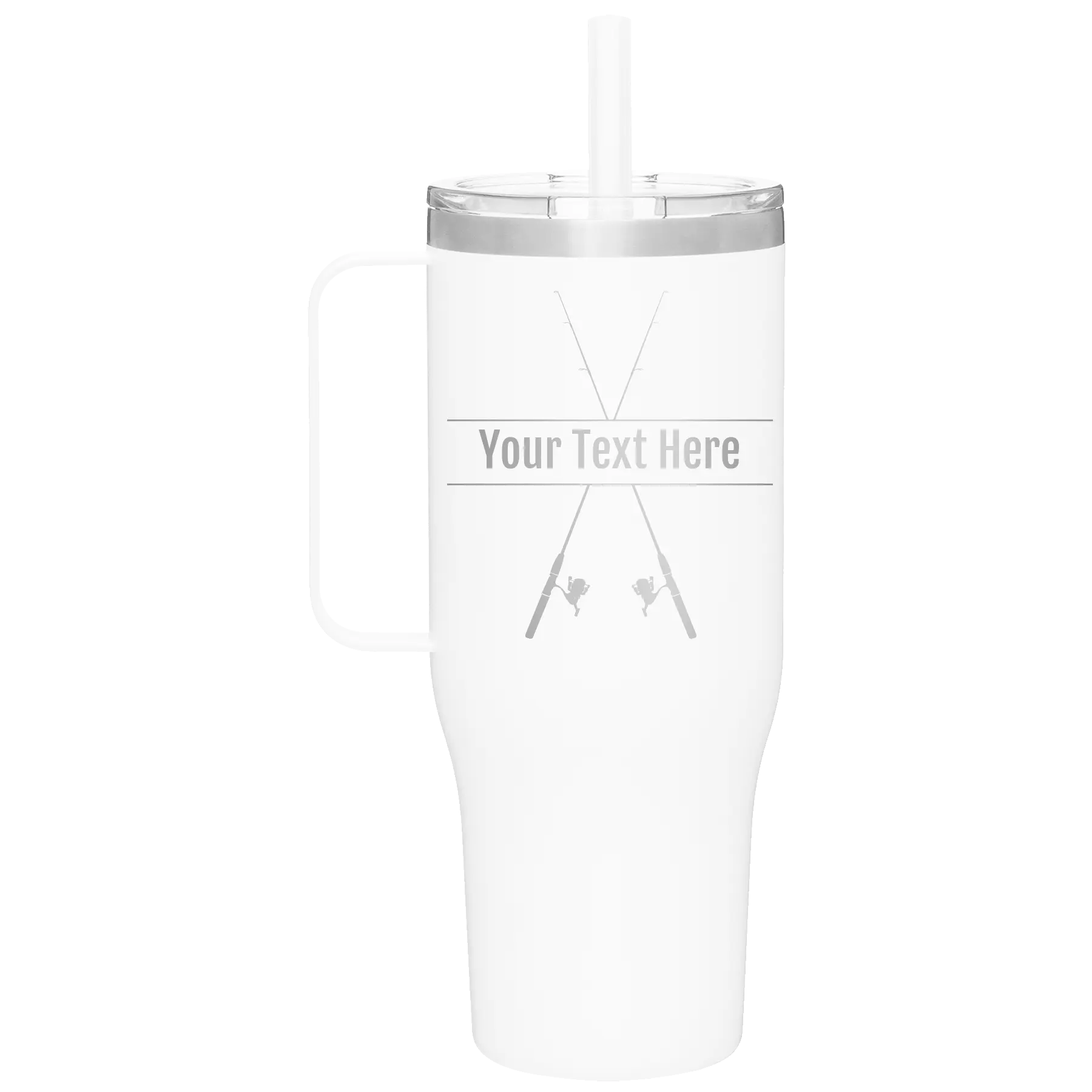 Personalized white 40 oz vacuum insulated tumbler mug with 'Fishing poles' design