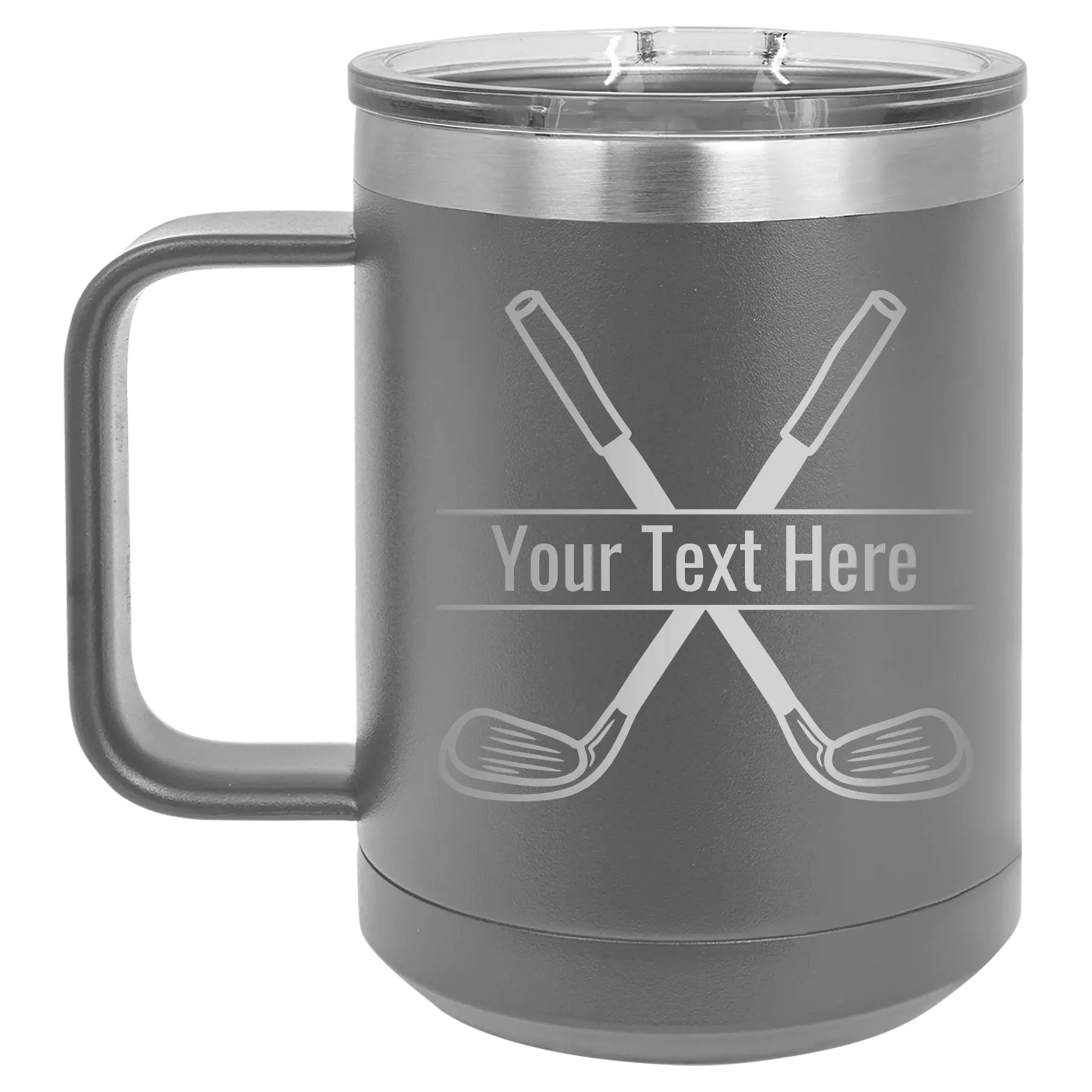 Personalized dark gray 15 oz vacuum insulated coffee mug with 'Golf' design