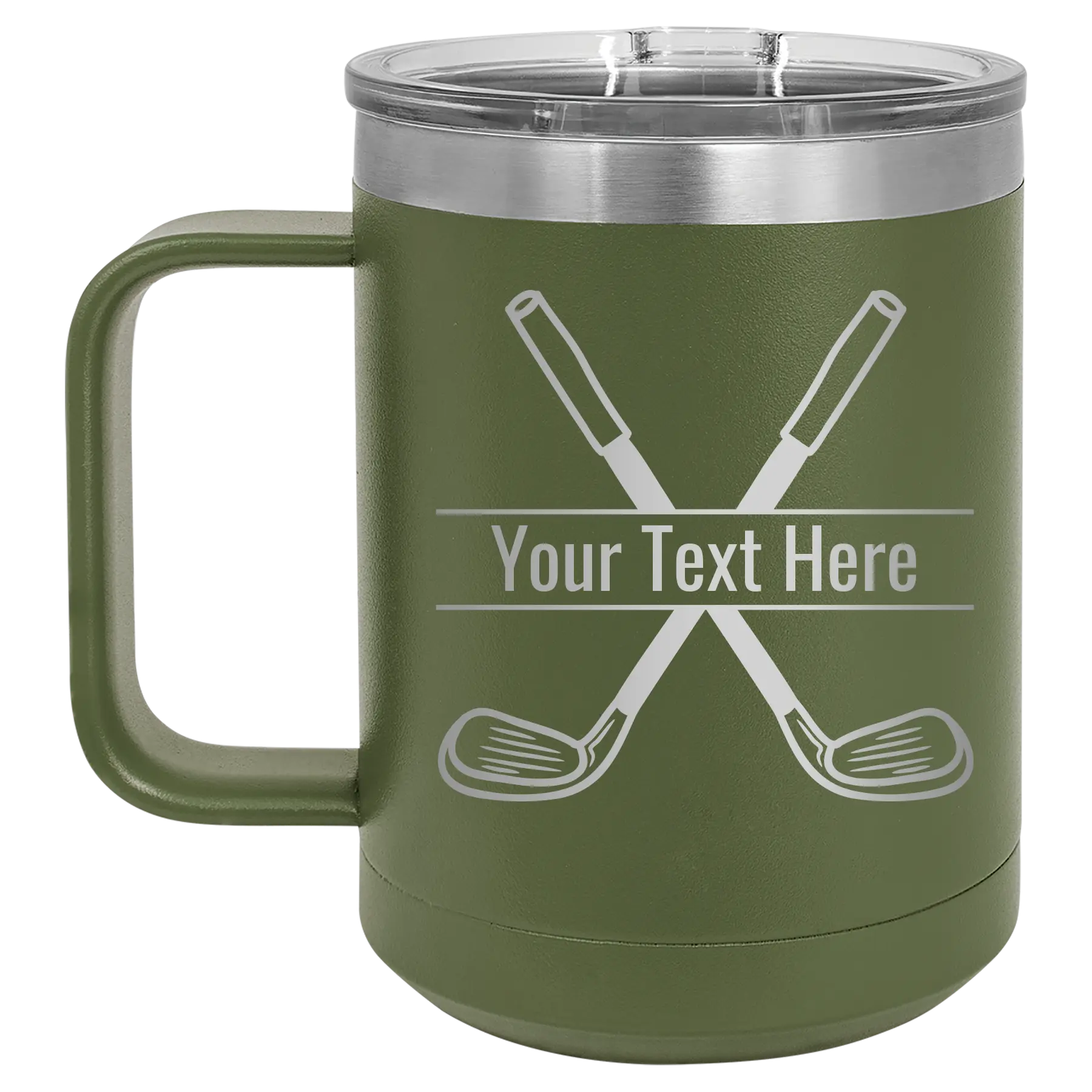 Personalized olive green 15 oz vacuum insulated coffee mug with 'Golf' design