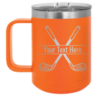 Personalized orange 15 oz vacuum insulated coffee mug with 'Golf' design