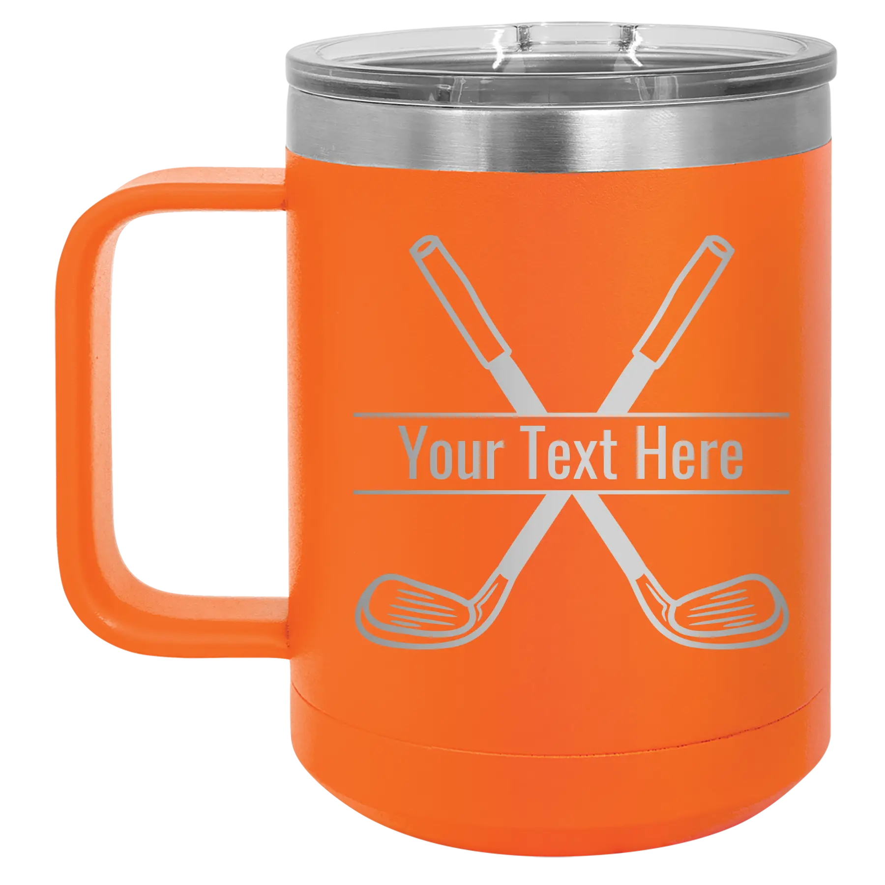Personalized orange 15 oz vacuum insulated coffee mug with 'Golf' design