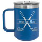 Personalized royal blue 15 oz vacuum insulated coffee mug with 'Golf' design