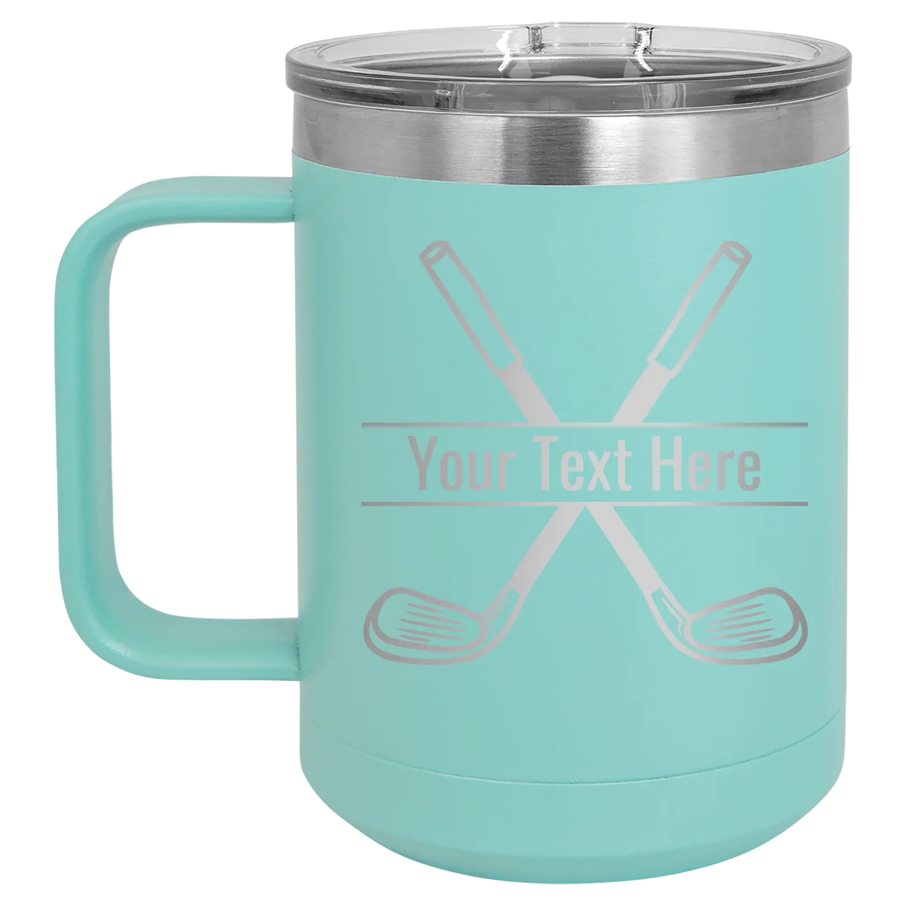 Personalized teal 15 oz vacuum insulated coffee mug with 'Golf' design