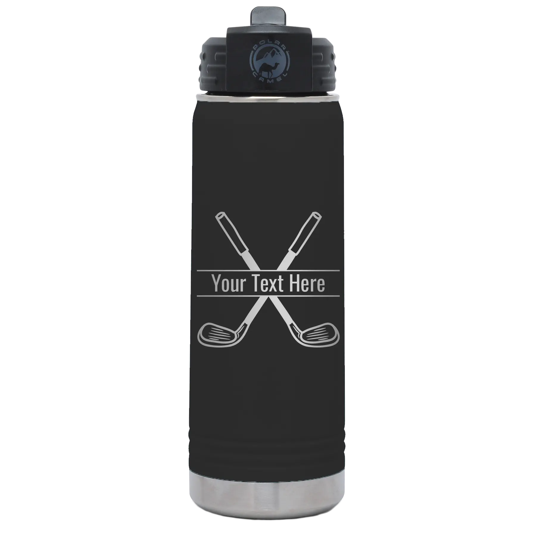 Personalized black 20 oz vacuum insulated water bottle with 'Golf' design
