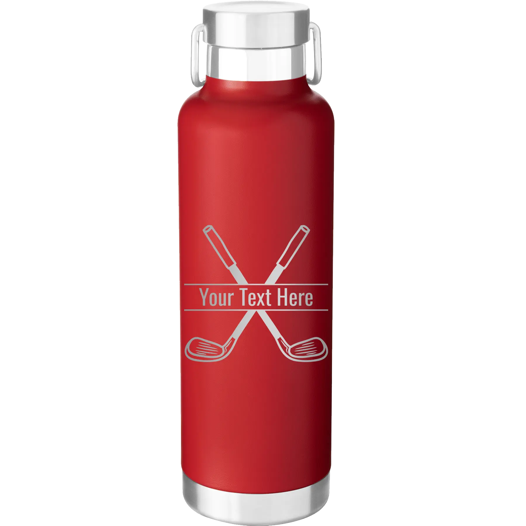 Personalized red 24 oz vacuum insulated water bottle with 'Golf' design