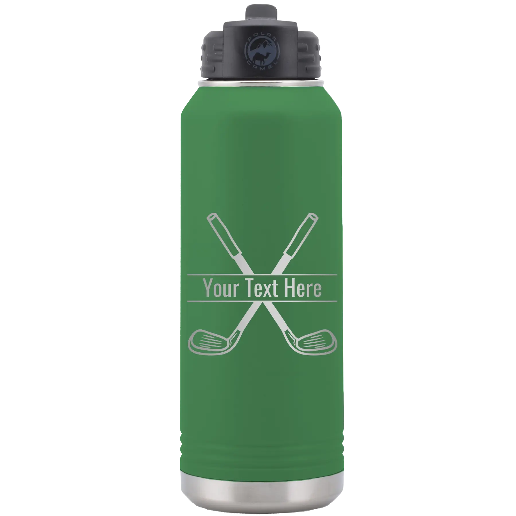 Personalized green 32 oz vacuum insulated water bottle with 'Golf' design