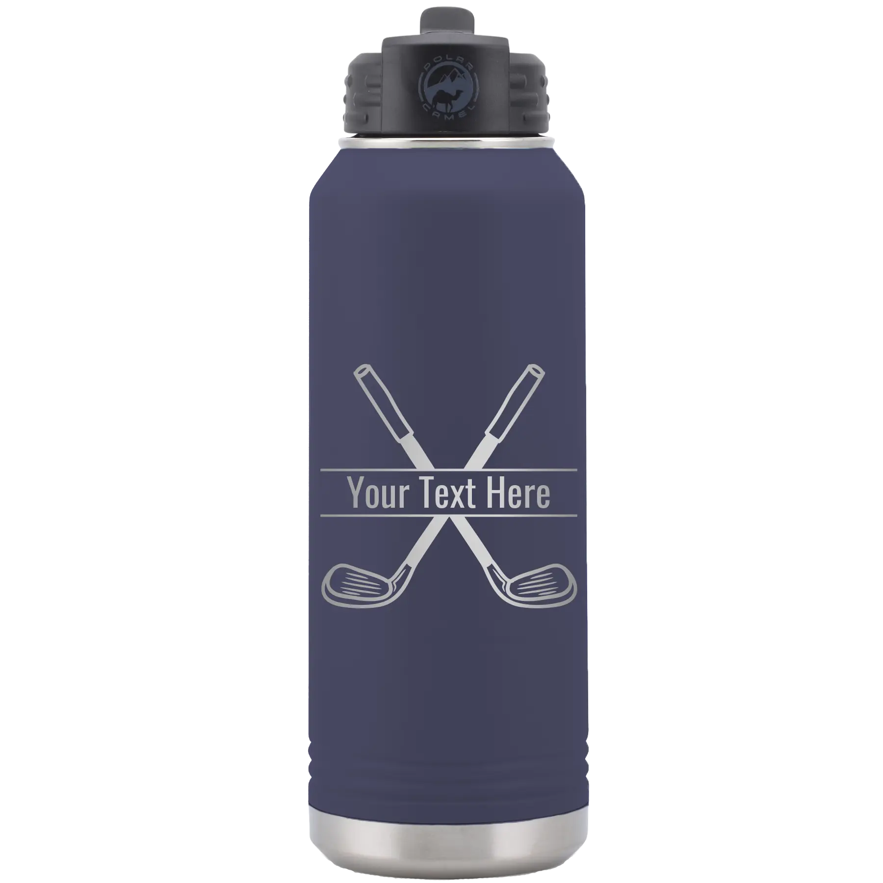 Personalized navy 32 oz vacuum insulated water bottle with 'Golf' design