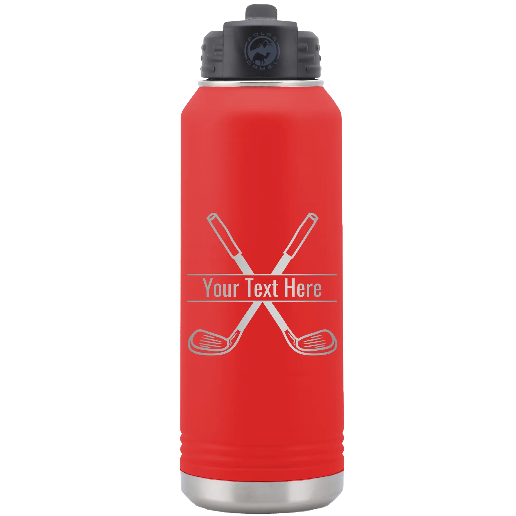 Personalized red 32 oz vacuum insulated water bottle with 'Golf' design