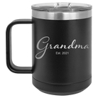 Personalized black 15 oz vacuum insulated coffee mug with 'Grandma est' design