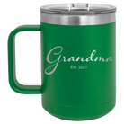 Personalized green 15 oz vacuum insulated coffee mug with 'Grandma est' design