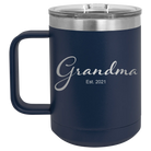 Personalized navy 15 oz vacuum insulated coffee mug with 'Grandma est' design