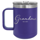 Personalized purple 15 oz vacuum insulated coffee mug with 'Grandma est' design