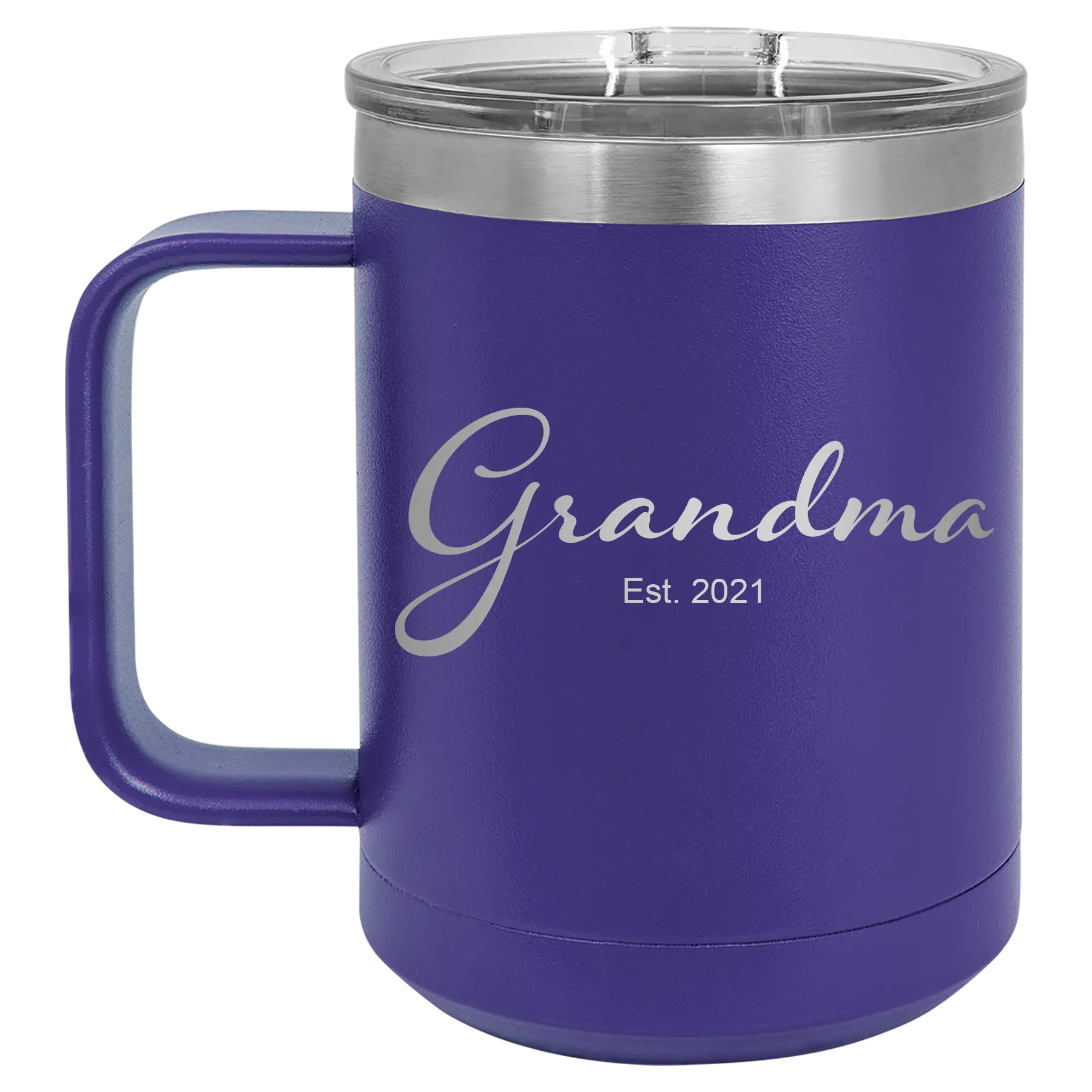 Personalized purple 15 oz vacuum insulated coffee mug with 'Grandma est' design