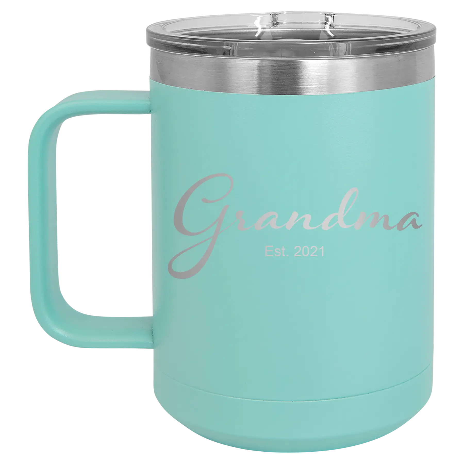 Personalized teal 15 oz vacuum insulated coffee mug with 'Grandma est' design