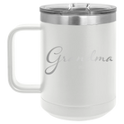 Personalized white 15 oz vacuum insulated coffee mug with 'Grandma est' design