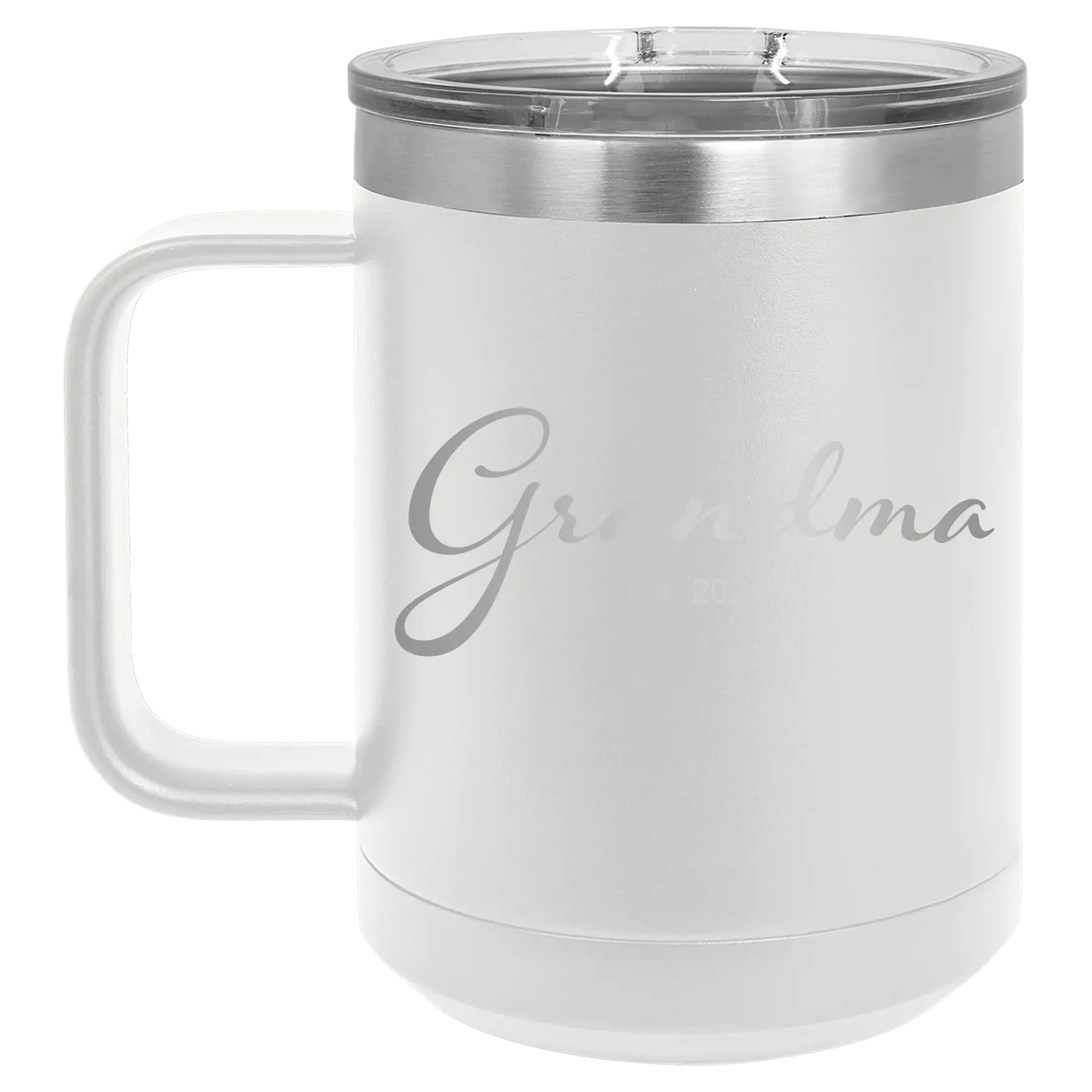 Personalized white 15 oz vacuum insulated coffee mug with 'Grandma est' design