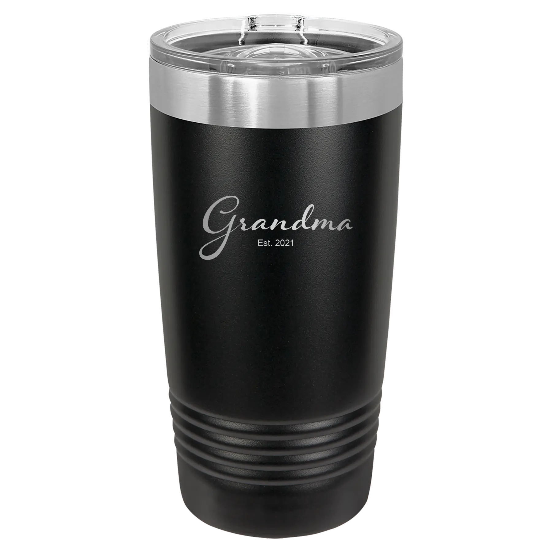Personalized black 20 oz vacuum insulated tumbler with 'Grandma est' design