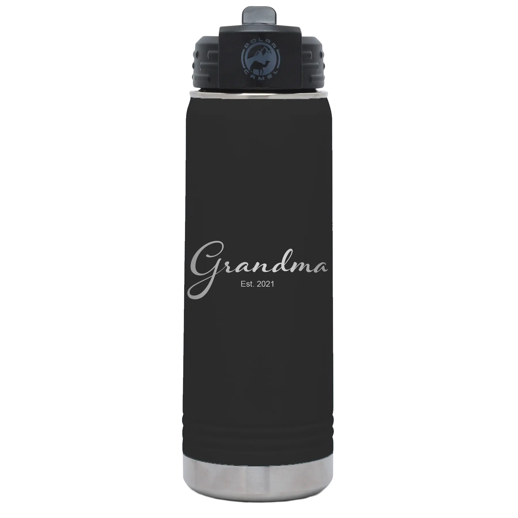 Personalized black 20 oz vacuum insulated water bottle with 'Grandma est' design