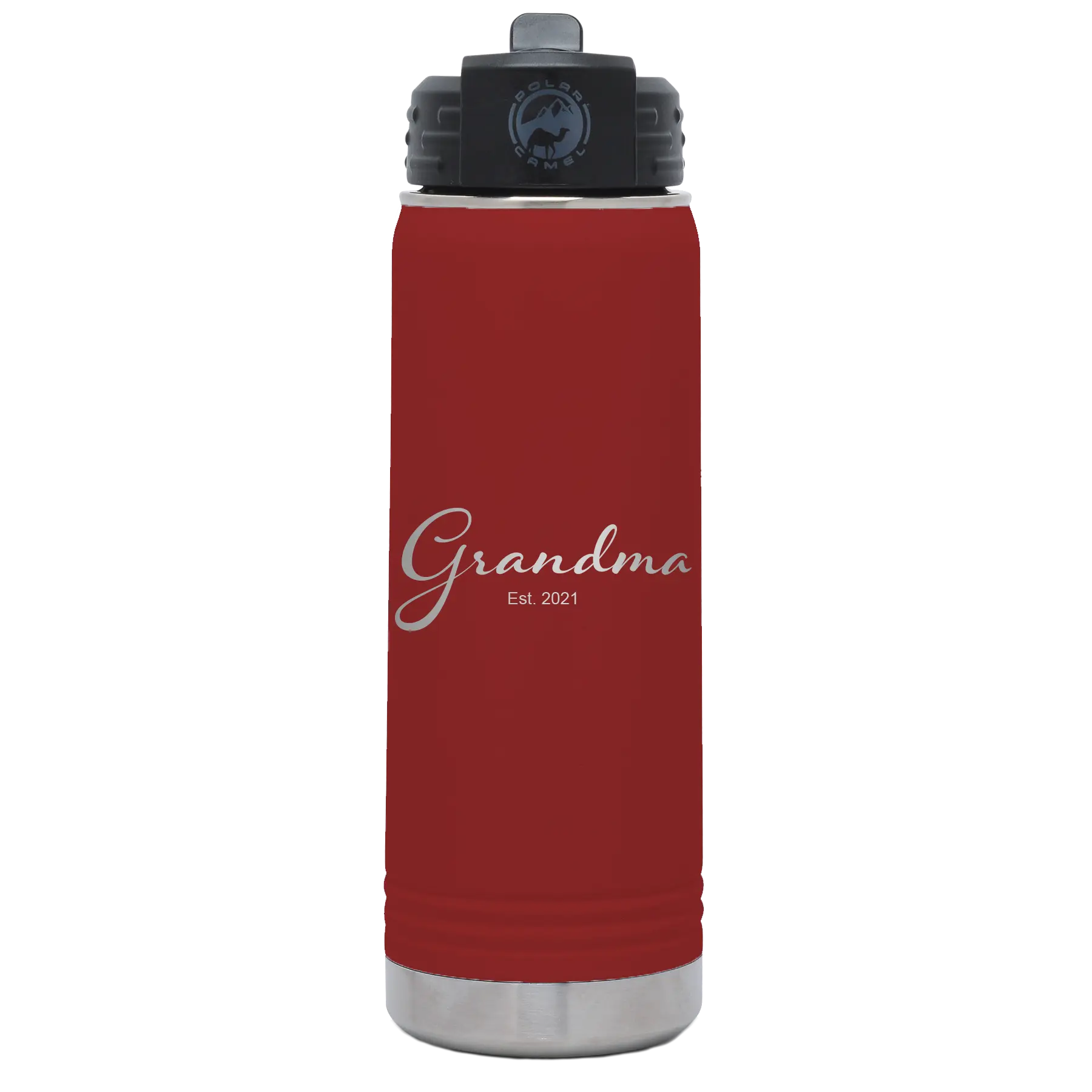 Personalized maroon 20 oz vacuum insulated water bottle with 'Grandma est' design