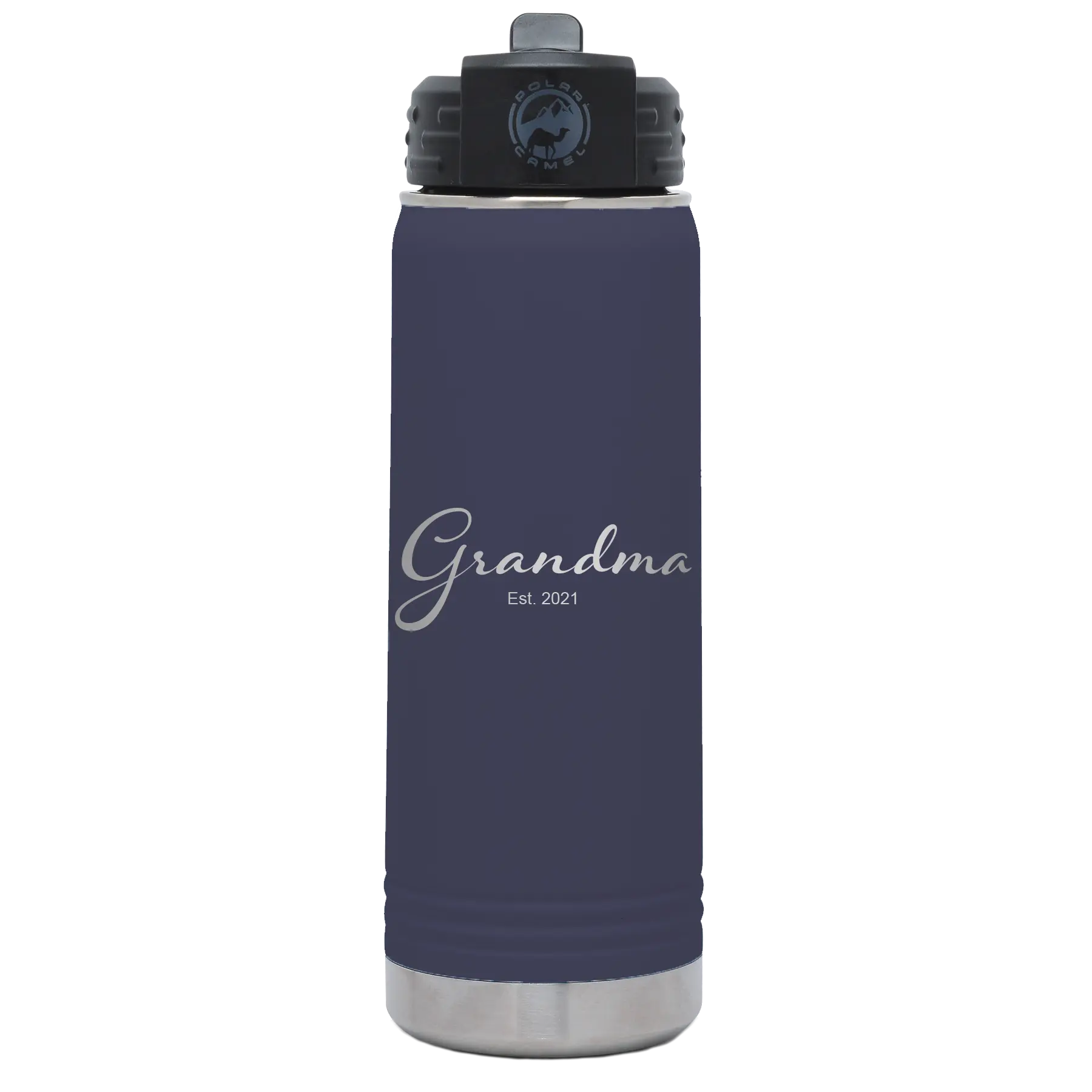 Personalized navy 20 oz vacuum insulated water bottle with 'Grandma est' design